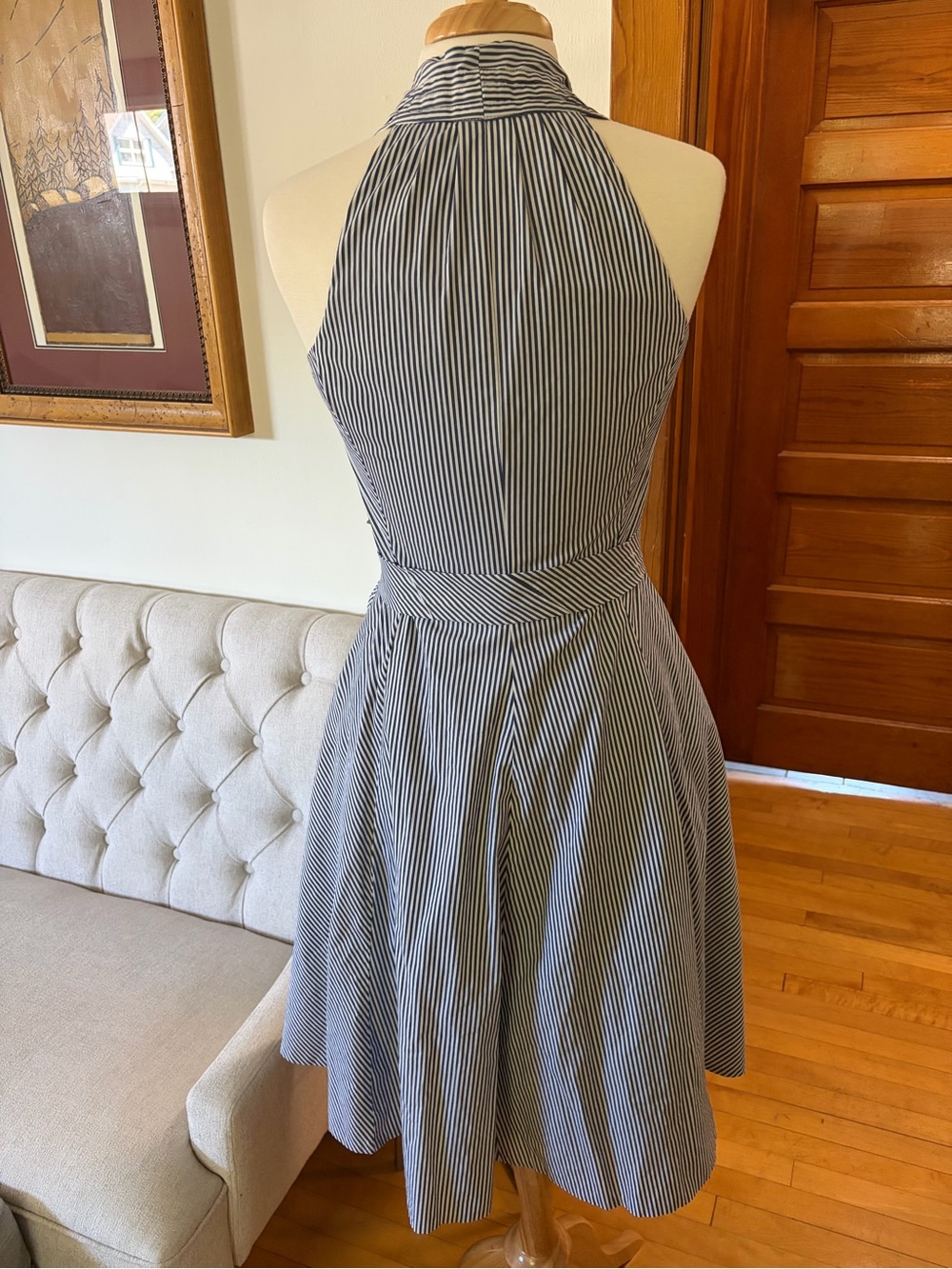 Talbots Navy and White Striped Halter Tie-Waist Midi Dress - Picture 3 of 9